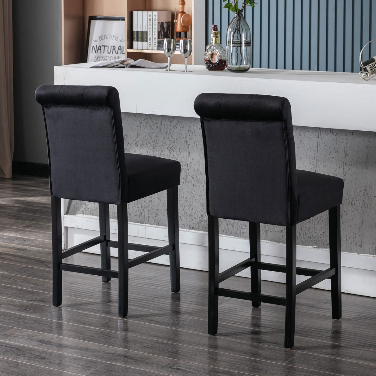DM Furniture Counter Height Barstools Set of 4, 26 Inch Farmhouse Bar Stools Modern Velvet Upholstered Dining Chair for Home Pub/Bistro/Kitchen Island/Breakfast Bar, Black DM Furniture