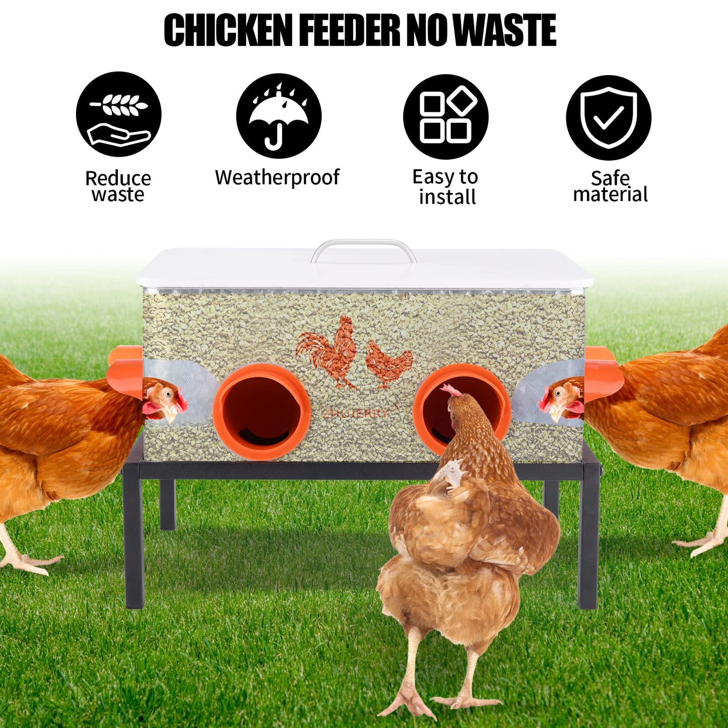 ZHUJERRY Automatic Chicken Feeder No Waste, 25lb 4-Port All Weather Metal Poultry Feeder with Stopper, Weatherproof Large Chicken Feeder for Chickens, Geese, Ducks, Turkeys, Quails