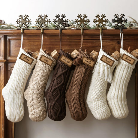 Farmhouse Knitted Personalized Christmas Stockings: 6 Pack 18 Inch Earth Tones Christmas Stockings, Rustic Cozy Hanging Xmas Stockings Decorations for Family Holiday Decor, White Beige Brown Pawliss