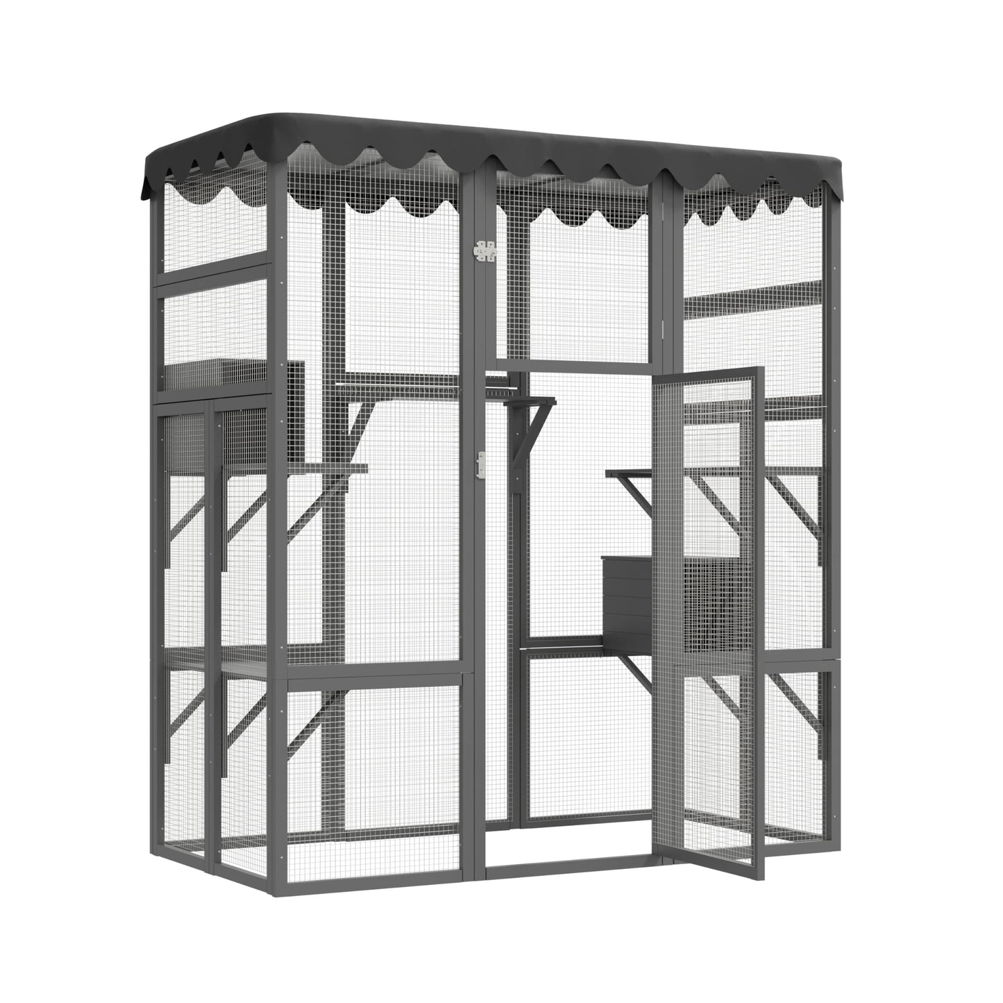 Miscoos Wooden Outdoor Cat House & Catio Enclosure with Weather-Resistant Asphalt Roof, 6 Elevated Ledges – Ideal Shelter for Feral and Domestic Cats - WoodArtSupply