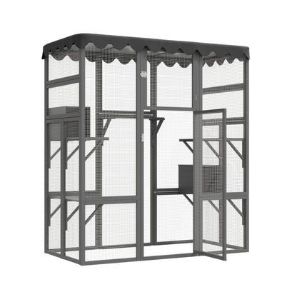 Miscoos Wooden Outdoor Cat House & Catio Enclosure with Weather-Resistant Asphalt Roof, 6 Elevated Ledges – Ideal Shelter for Feral and Domestic Cats - WoodArtSupply