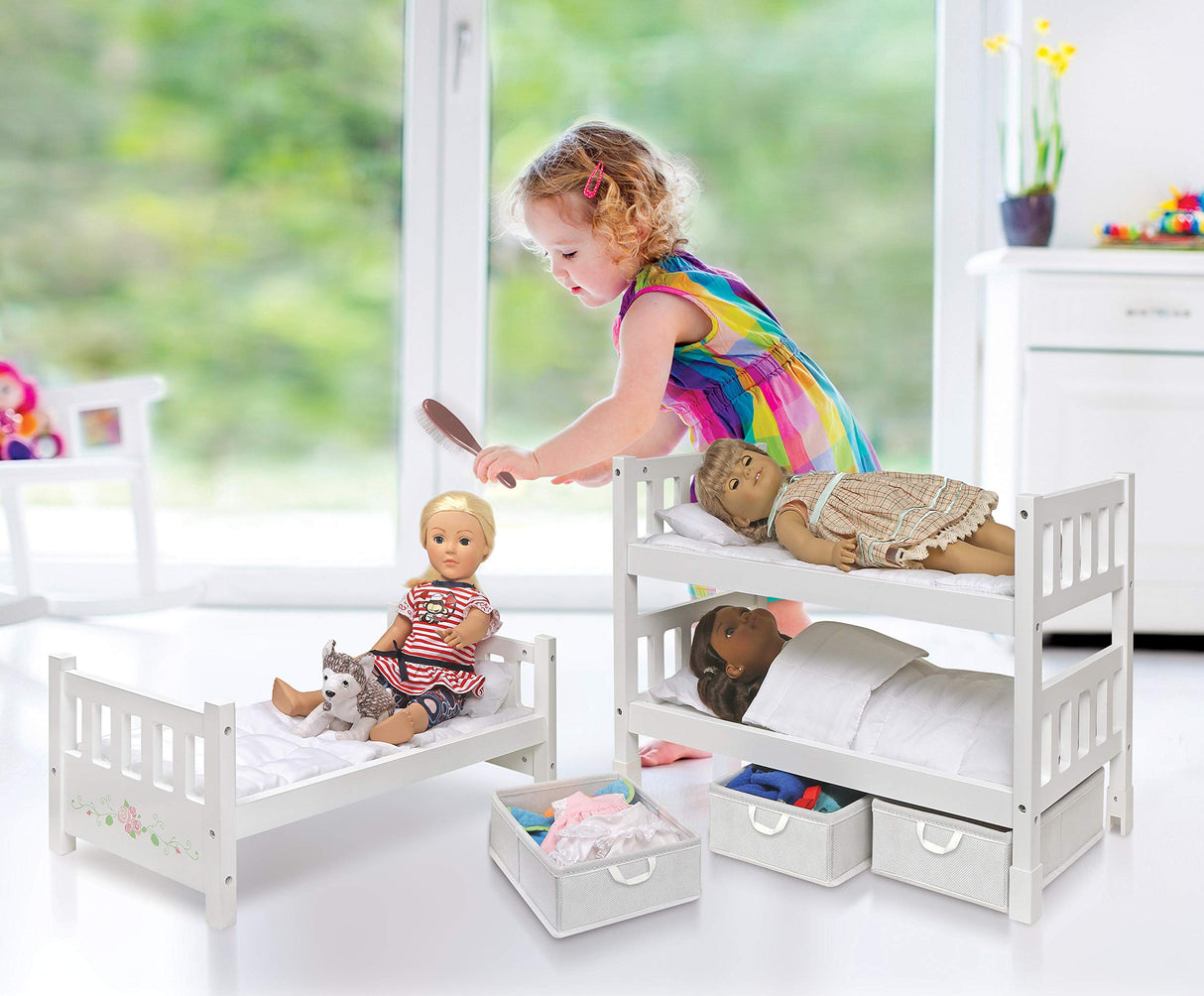 Badger Basket 1-2-3 Convertible Doll Bunk Bed with Bedding and Storage Baskets – Elegant White and Rose Design for 18 to 20-Inch Dolls Badger Basket