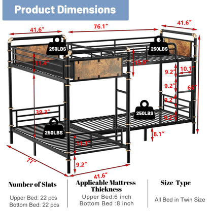 Mirightone Quad Bunk Bed, Heavy Duty Metal 4 Bunk Beds for Kids with Ladders, Detachable Industrial L-Shaped Bunk Beds, Space Saving Design,Can Be Divided Into 3 Twin Beds, Black