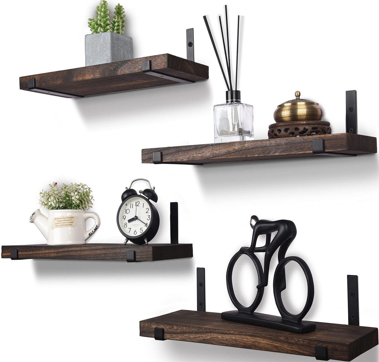HXSWY Rustic Wood Floating Shelves for Wall Farmhouse Wooden Wall Shelf for Bathroom Kitchen Bedroom Living Room Set of 4 Dark Brown HXSWY