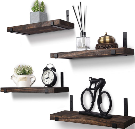 HXSWY Rustic Wood Floating Shelves for Wall Farmhouse Wooden Wall Shelf for Bathroom Kitchen Bedroom Living Room Set of 4 Dark Brown - WoodArtSupply