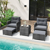 Tangkula 5 Piece Patio Rattan Furniture, Wicker Cushioned Chairs Set w/ 2 Ottomans & Tempered Glass Coffee Table, for Poolside, Backyard, Lawn, Deck Tangkula