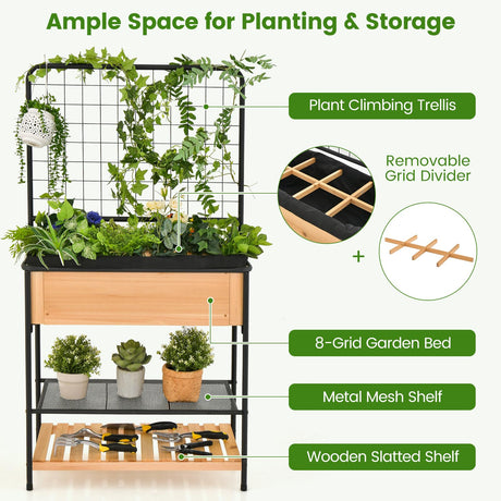 HAPPYGRILL Outdoor Raised Garden Bed, 59” Wooden Elevated Planter Box w/Open Storage Shelves, Removable Grid Divider, Drain Holes & Black Liner, Raised Garden Bed w/Legs & Trellis for Vegetables HAPPYGRILL
