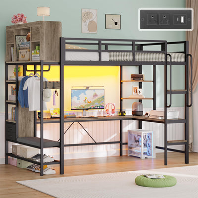 busyaeh Loft Bed with Hall Tree, Twin Loft Bed with Desk, Storage Headboard & 2 Drawers, Twin Size Loft Bed with LED Lights, Charging Station, Safety Guardrail & Ladder, No Box Spring Needed,Oak Gray