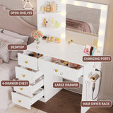 IRONCK Vanity Desk with Mirror and Lights, Small Makeup Vanity Table with 5 Drawers, Power Outlet, and Vanity Stool, 3 Lighting Colors, Dressing Table for Women Girls Bedroom, White IRONCK