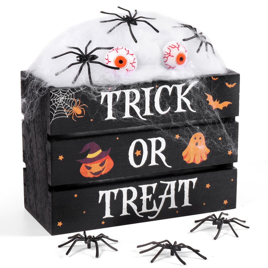 Halloween Mini Trick or Treat Wooden Crate, Decorative Wood Crates Box Wooden Storage Box with Spider Cotton 6 Spider and 2 Eyeballs for Tiered Tray Shelf Table Kitchen Home Halloween Decor