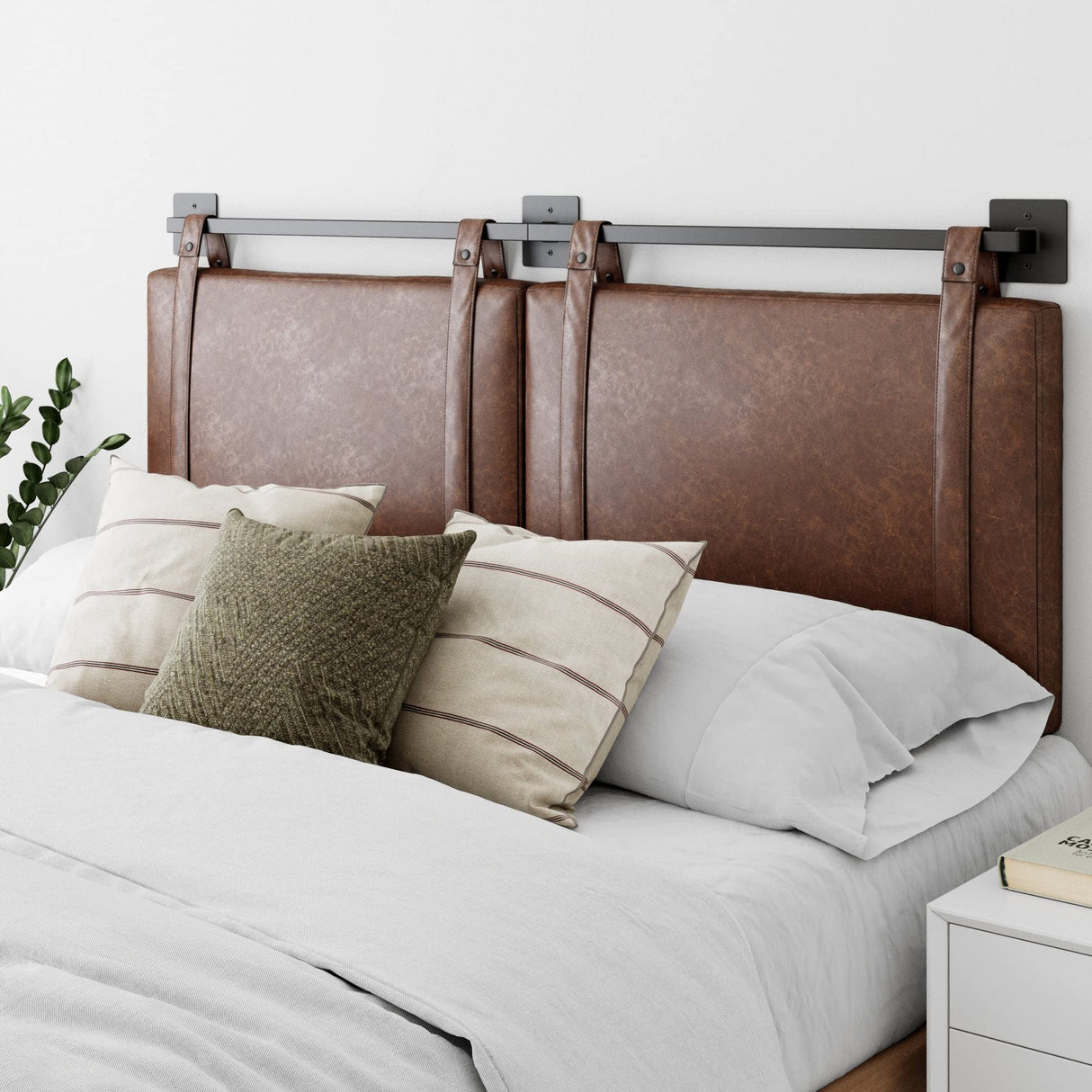 Nathan James Harlow Modern Wall Mount Hanging Headboard, Queen, Brown Faux Leather Nathan James
