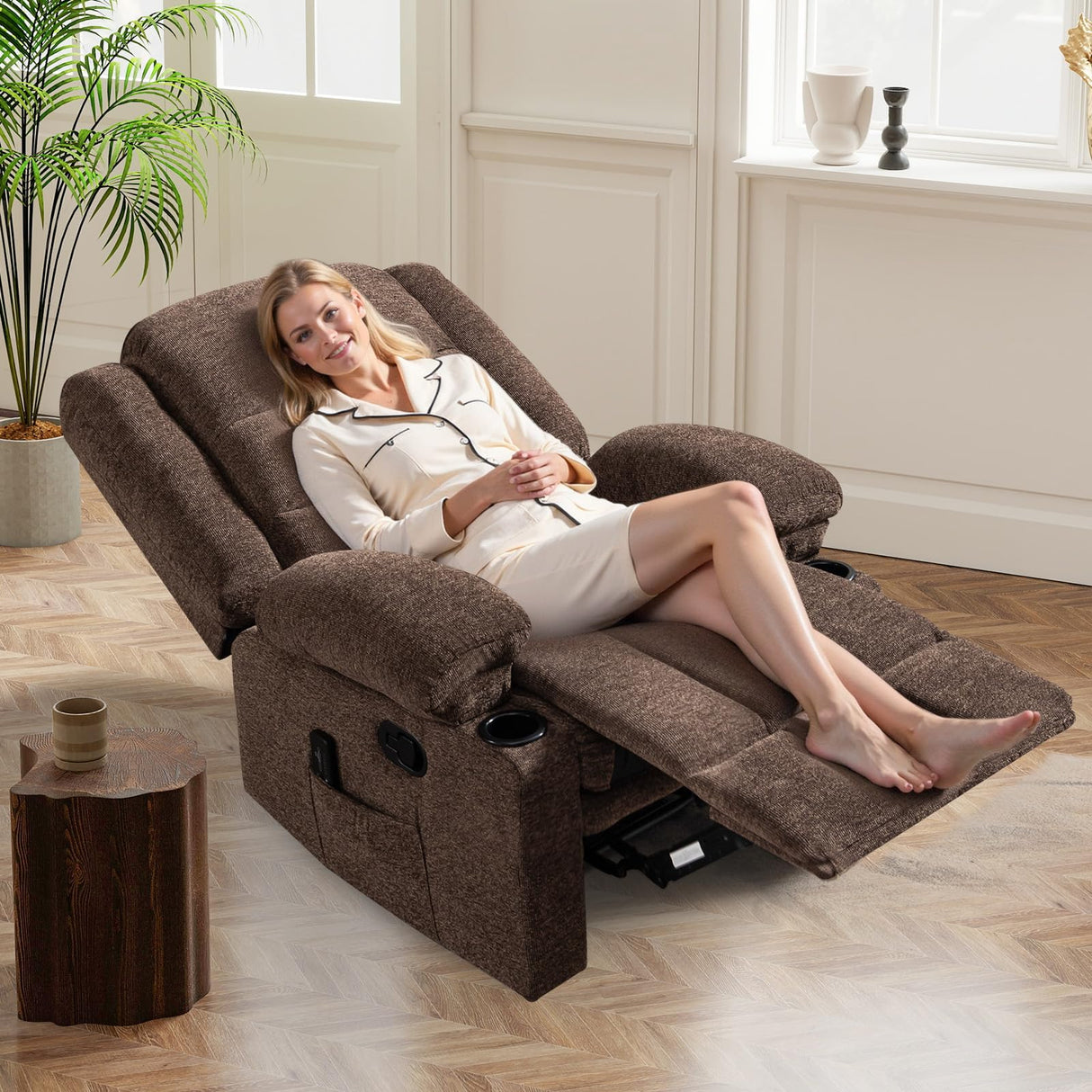 HAOMARKETS Classic Manual Recliner with Massage and Heat for Adults, Breathable Fabric Recliners with Two Cup Holders, Overstuffed Heavy Duty Reclining for Living Room, Brown HAOMARKETS