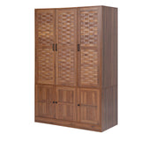 LEVNARY Wardrobe Closet with 6 Woven Doors, Walnut Armoire Wardrobe Cabinet for High Storage Capacity with Adjustable Shelves and Hanging Rail, Freestanding Tall Bedroom Closet (Walnut) LEVNARY
