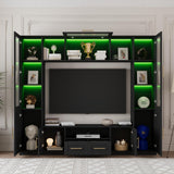 Bobve 94" Wall Unit Entertainment Center for TVs up to 70", Modern TV Console with LED Lights, Multifunctional TV Stand with Tempered Glass Door, Drawers & Shelves for Living Room, Black Bobve