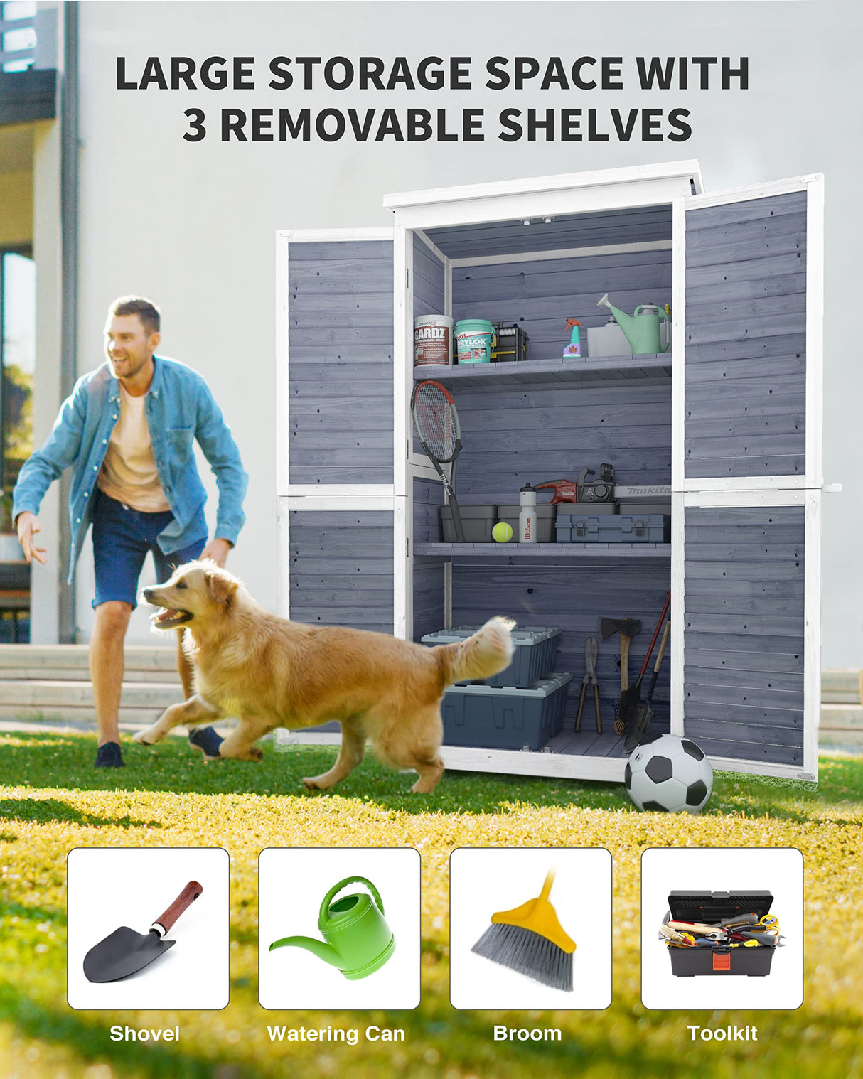 Gizoon Outdoor Storage Cabinet with 3 Shelves, Double Lockable Wooden Garden Shed with Waterproof Roof, Outside Vertical Tall Tool Shed for Yard Patio Lawn Deck-Grey Gizoon