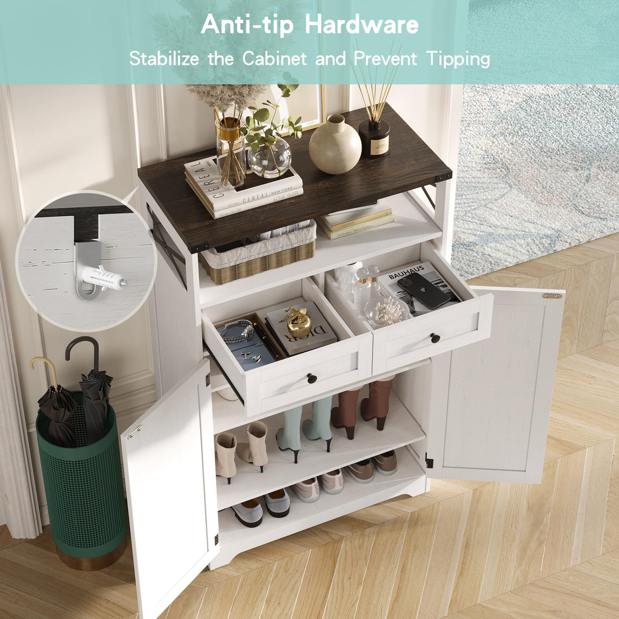 Maupvit 5-Tier Shoe Cabinet with Doors & 2 Drawers, Farmhouse Storage Cabinet with Adjustable Shelves, Wooden Freestanding Shoe Rack Organizer Cabinet for Entryway, Foyer, Hallway, Living Room, White Maupvit