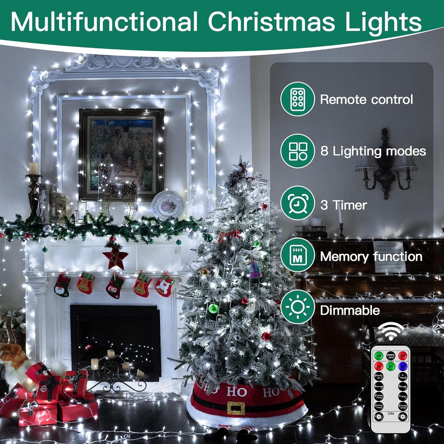 Christmas Lights 328FT 1000LED, Outdoor String Lights with Remote and Timer, Cool White Christmas Lights with 8 Modes Dimmable, Fairy Lights for Wedding Party Home Xmas Holiday Decor