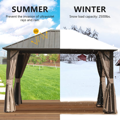 Domi Hardtop Gazebo 10' X 12', Permanent Outdoor Galvanized Steel Roof Gazebo with Aluminum Frame, Pavilion Metal Gazebos with Netting & Curtains for Garden, Patios, Lawns, Parties(Dark Brown - WoodArtSupply