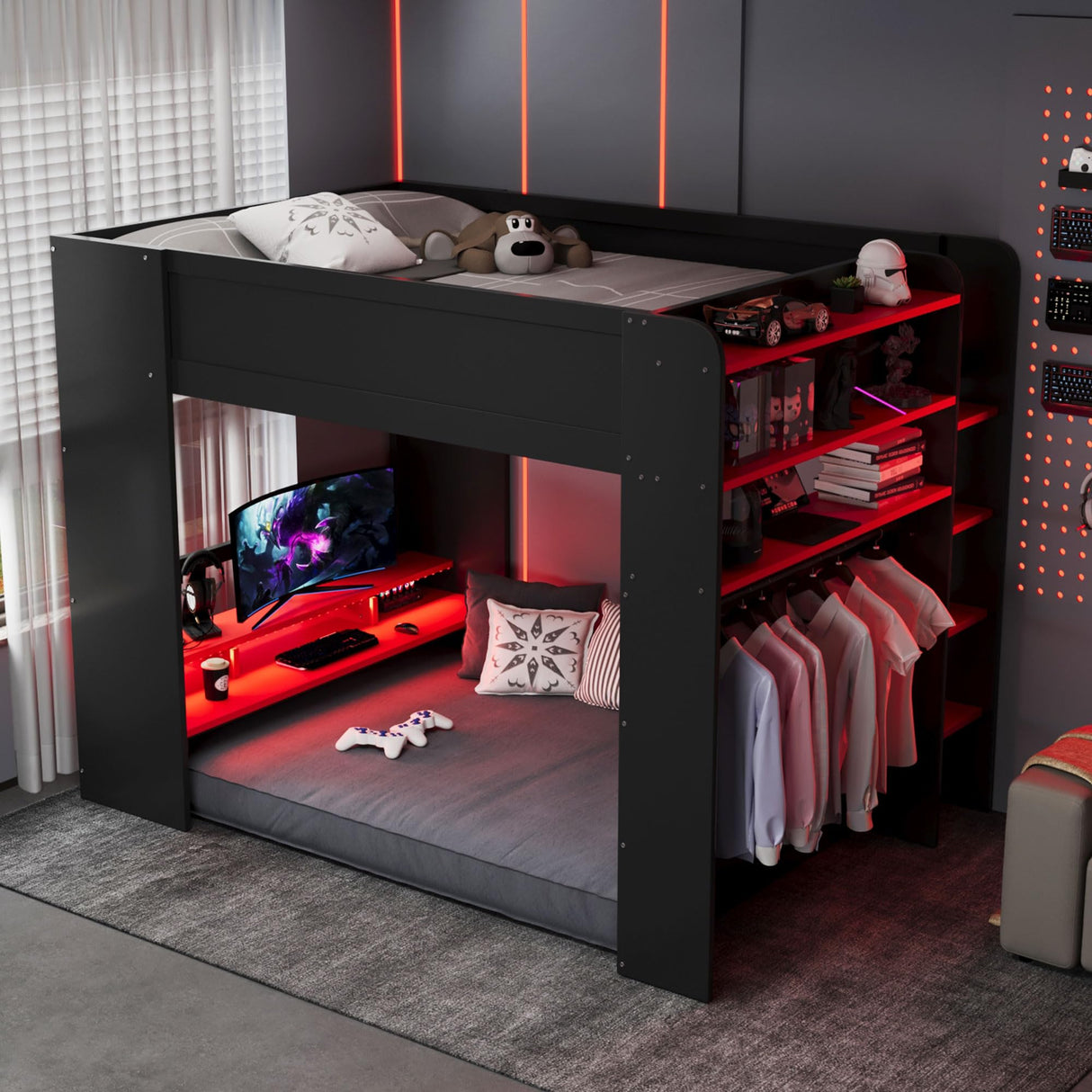 Harper & Bright Designs Gaming Bed, Full Size Gaming Loft Bed with Height-Adjustable Desk, Wardrobe, Ample Storage Space and RGB Light, Red Harper & Bright Designs