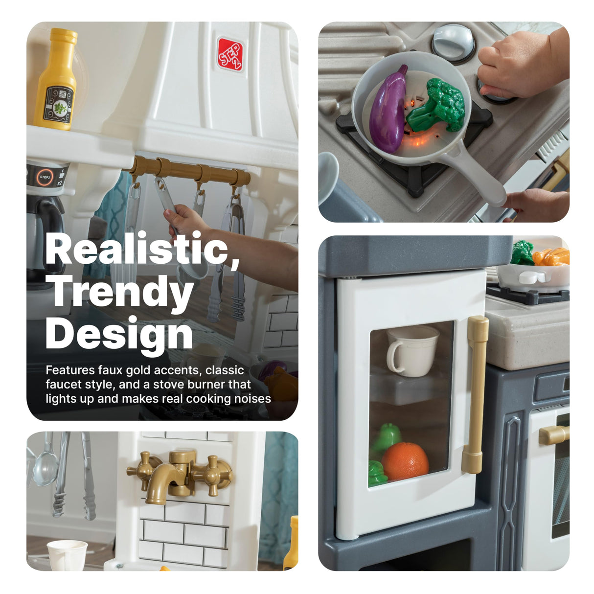 Step2 Gilded Gourmet Kids Kitchen Playset, Indoor/Outdoor Kitchenette, Interactive Play with Lights and Sounds, Made of Durable Plastic, Includes 20 Piece Toy Accessories, for Toddlers 2+ Years Old Step2