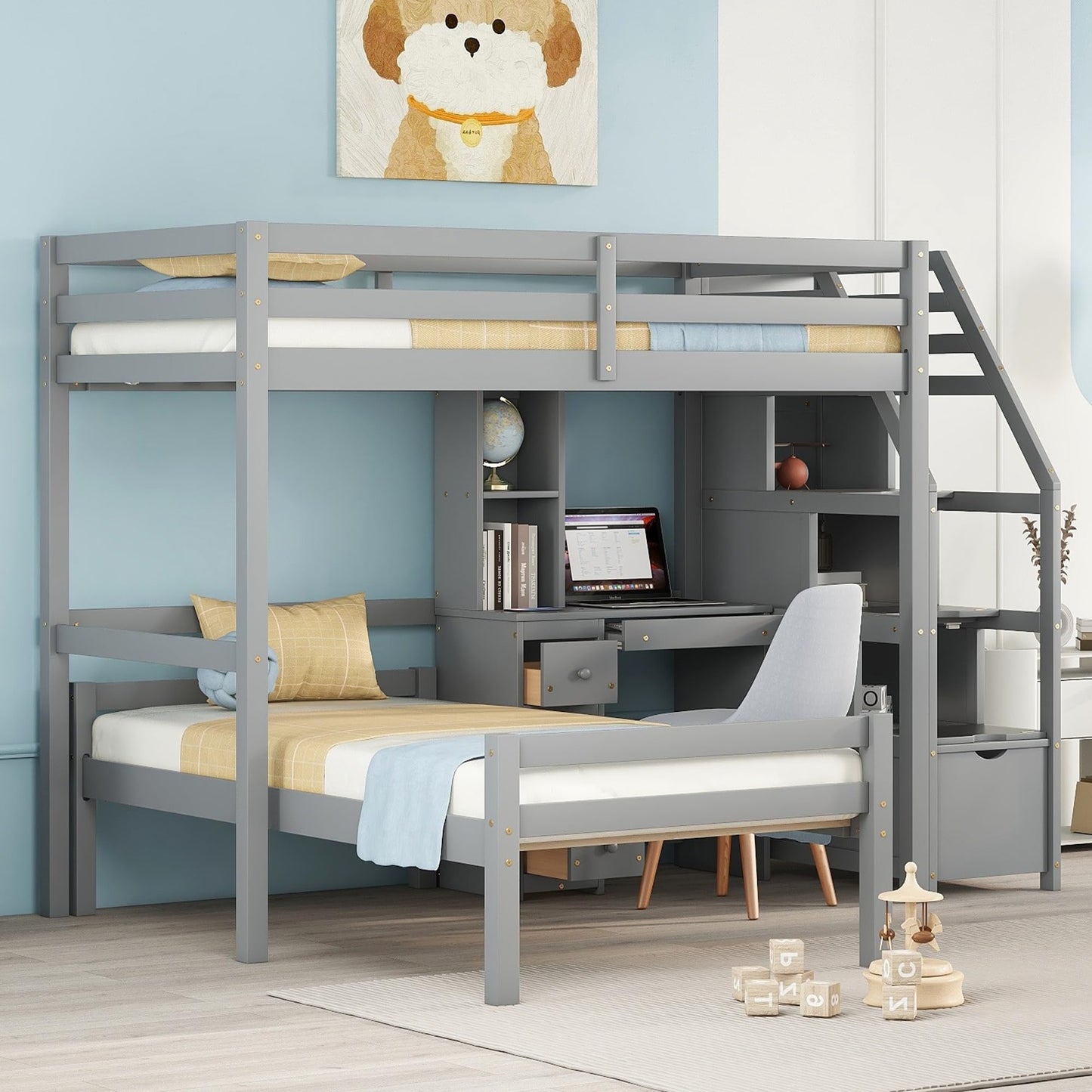 Harper & Bright Designs Twin Loft Bed with Storage Stairs, Desk and Removable Bottom Bed – Grey - WoodArtSupply