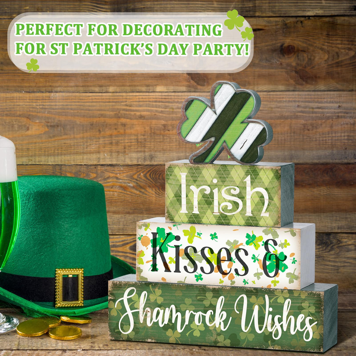 Huquary 4 Pcs Farmhouse St. Patrick's Day Table Sign Irish Table Wood Decorations Shamrock Clover Blocks Lucky Print St. Patrick's Day Tiered Tray Decor for Party Home Desk Huquary