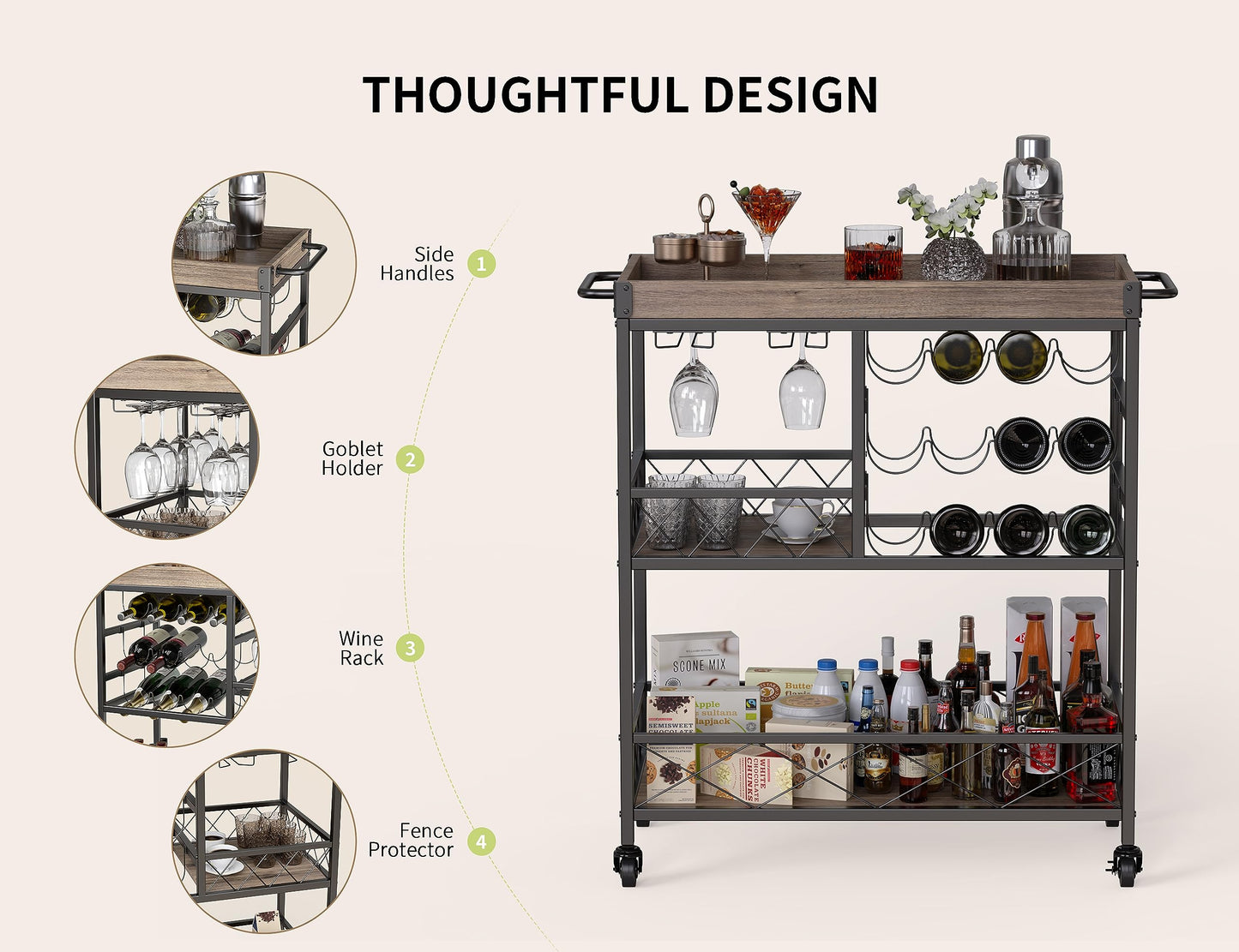 Gizoon 3 Tier 38" Home Bar Serving Cart with Large Storage Space, Mobile Kitchen Storage Trolley with Lockable Wheels, 12 Wine Rack, Glass Holder, Removable Tray (Gray) - WoodArtSupply