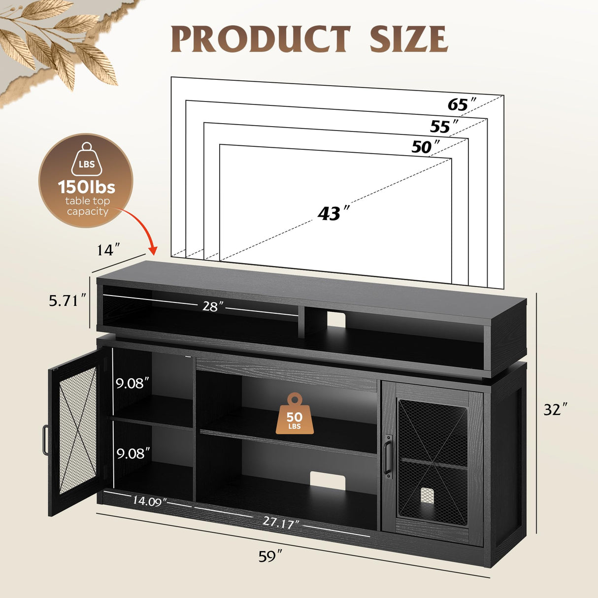 WLIVE TV Stand up to 65 Inch TV, 59" Entertainment Center with LED Lights, Farmhouse TV Media Console with Storage Cabinets, Adjustable Shelves for Living Room and Bedroom, Black WLIVE