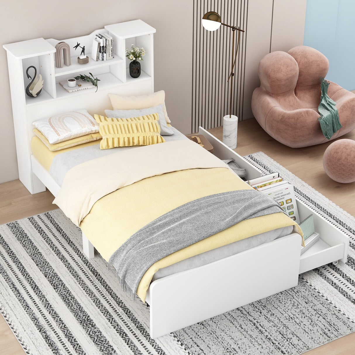 Harper & Bright Designs Twin Size Bed with Storage Headboard and Drawers, Solid Wood Twin Platform Bed Frame with 2 Drawers, 4 Shelves and LED Light, No Box Spring Needed - White Harper & Bright Designs