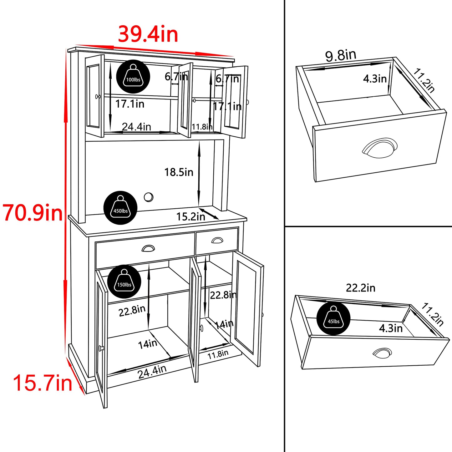 VEIKOU Kitchen Pantry Cabinet Buffet Hutch, 71" Freestanding Pantry Cabinet with 2 Adjustable Shelves & Glass Doors, Tall Pantry Cabinet with Large Countertop, White - WoodArtSupply