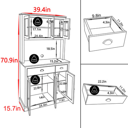 VEIKOU Kitchen Pantry Cabinet Buffet Hutch, 71" Freestanding Pantry Cabinet with 2 Adjustable Shelves & Glass Doors, Tall Pantry Cabinet with Large Countertop, White - WoodArtSupply