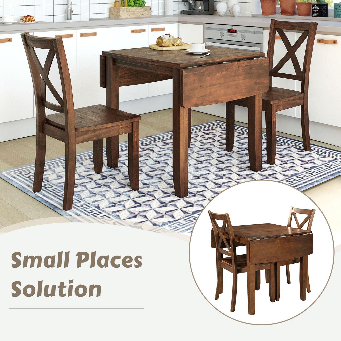 Harper & Bright Designs 3-Piece Wood Drop Leaf Dining Table Set with 2 X-Back Chairs, Space-Saving Breakfast Nook Dining Set, Brown - WoodArtSupply