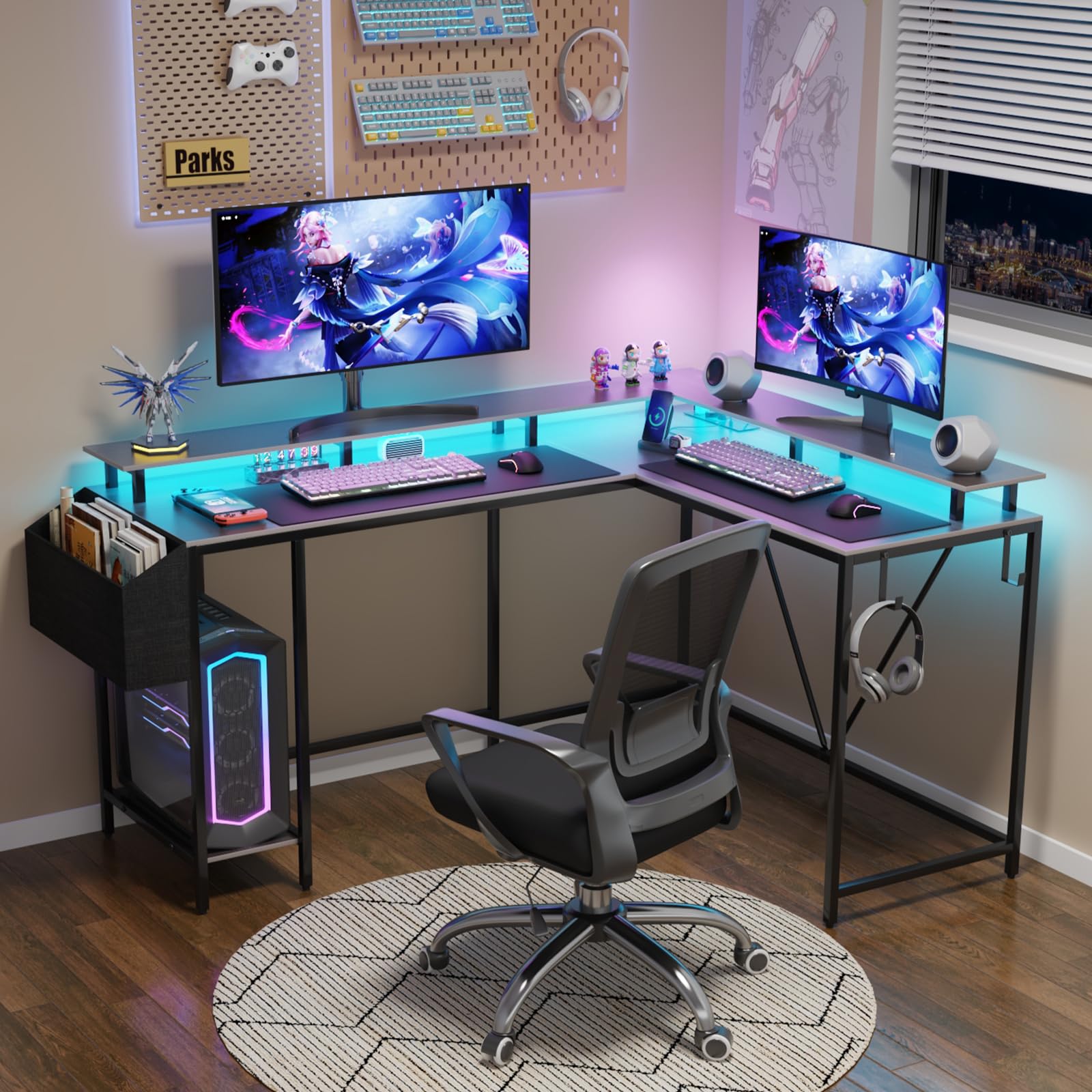 Eivanet L Shaped Gaming Desk with Power Outlets & LED Lights, Computer Desk with Monitor Stand & Storage Shelf, Home Office Desk Corner Desk with Hooks, Easy to Assemble, Grey Oak - WoodArtSupply