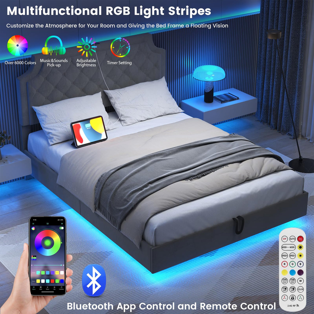 Queen Size Lifting Upholstered Bed Frame with Adjustable Headboard, Storage Space & LED Lighting Saudism