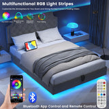 Queen Size Lifting Upholstered Bed Frame with Adjustable Headboard, Storage Space & LED Lighting Saudism