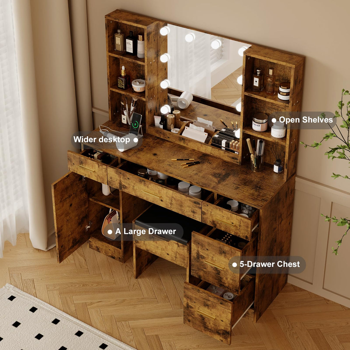 Farmhouse Makeup Vanity Desk with Lights,55.7" Modern Makeup Vanity with Charging Station&Storage Shelves,Bedroom Dressing Table for Women & Girls,3 Lighting Modes,Brightness Adjustable(Brown) TackView