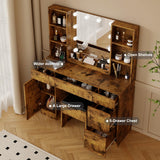 Farmhouse Makeup Vanity Desk with Lights,55.7" Modern Makeup Vanity with Charging Station&Storage Shelves,Bedroom Dressing Table for Women & Girls,3 Lighting Modes,Brightness Adjustable(Brown) TackView