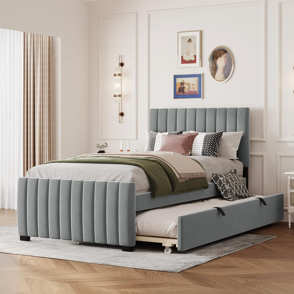 Twin Bed Frame with Trundle Bed,Velvet Upholstered Bed Frame,Twin Size Trundle Bed with Headboard,Upholstered Platform Bed Twin for Kids Teens Adults(Gray) Bellemave