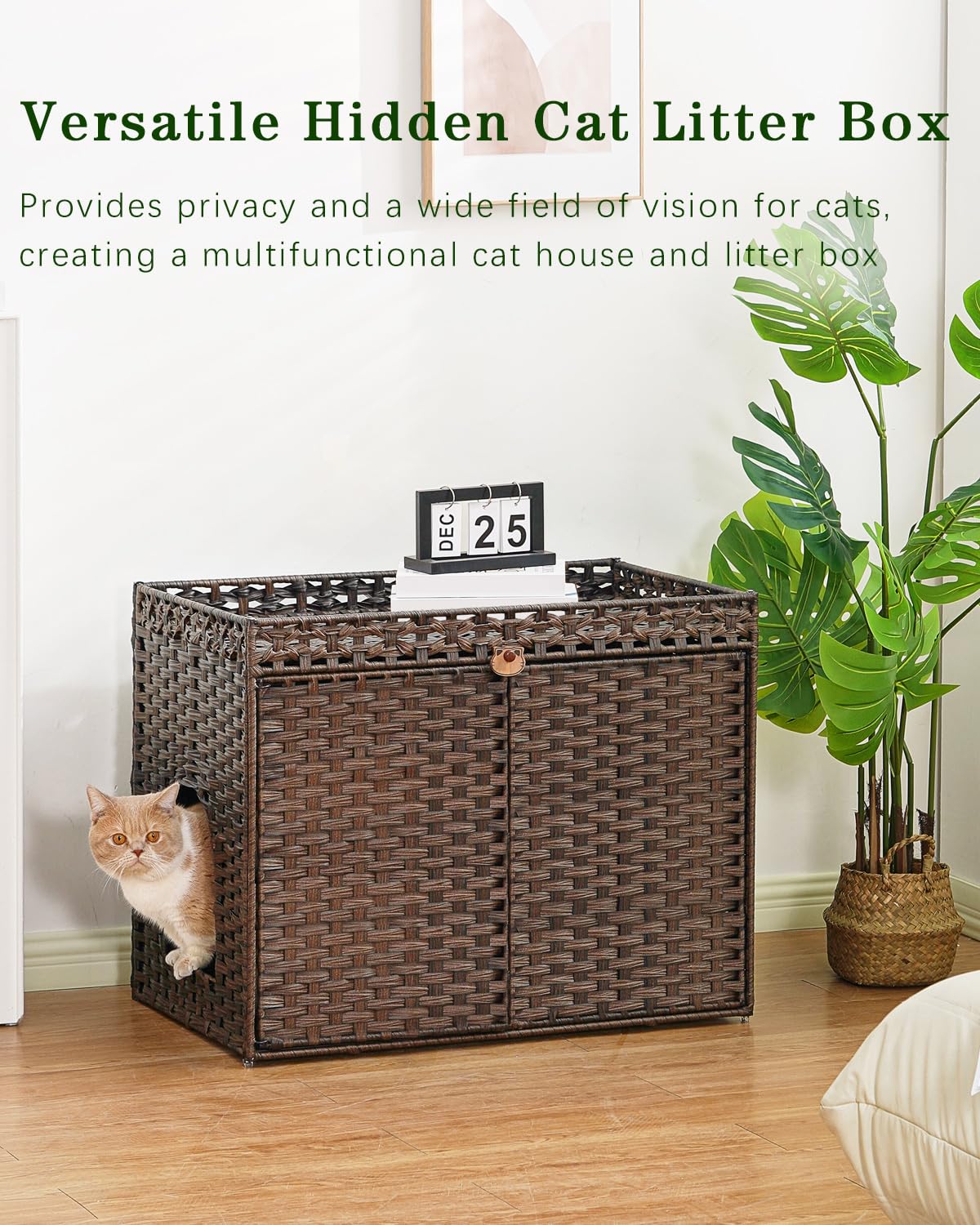 SETVSON Cat Litter Box Enclosure Furniture, Handwoven Rattan Hidden Litter Box with Mat, Large Space Cat House with 2 S-Shaped Hooks, 30.3 x 18.3 x 24.4 Inches, Indoor for Living Room Apartment Brown SETVSON