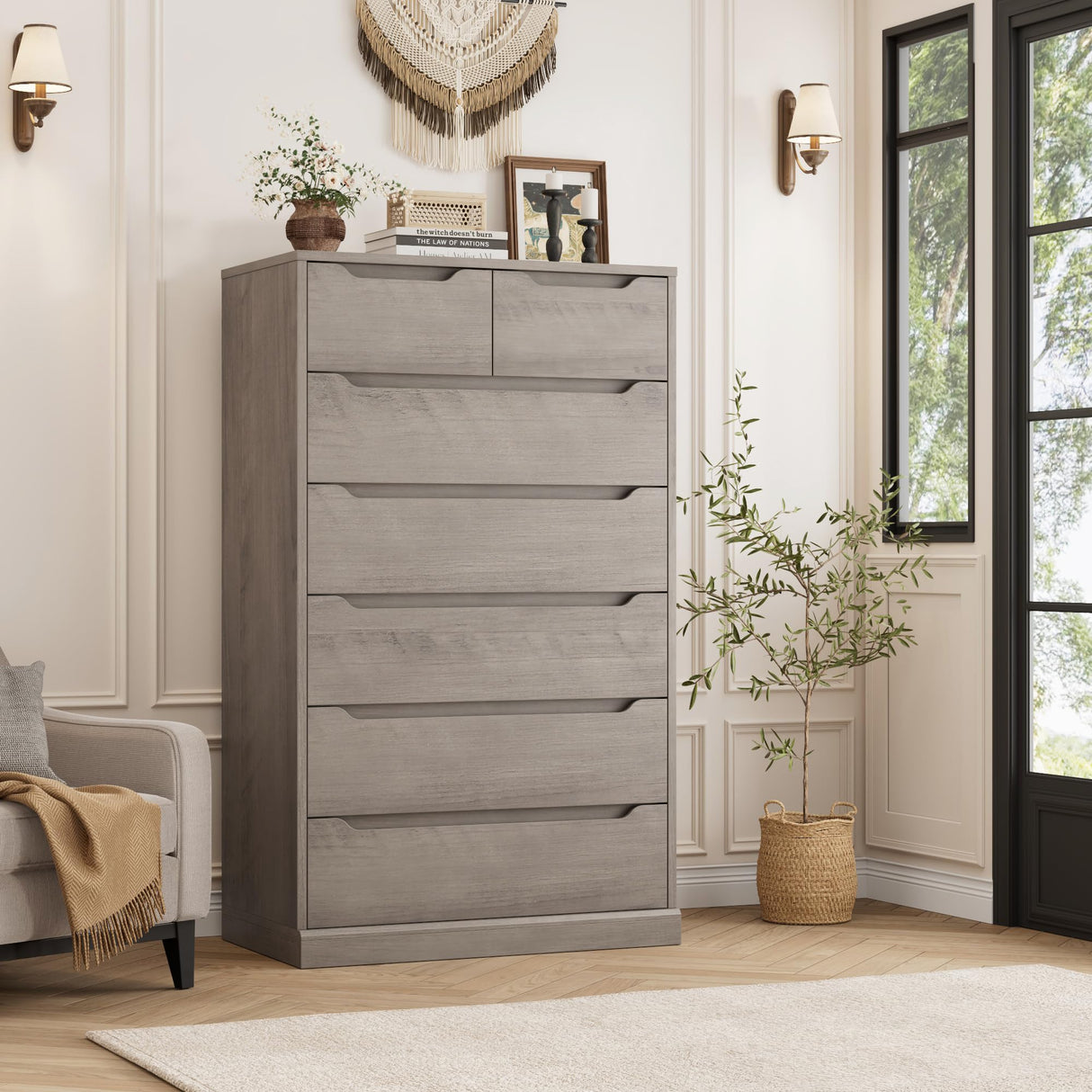 HITHOS 51" Tall 7 Drawers Dresser, Modern Grey Dresser, Wood Dressers & Chests of Drawers with Cut-Out Handles, Upright Drawer Chest, Accent Vertical Dressers Storage Cabinet for Living Room, Ash Gray HITHOS