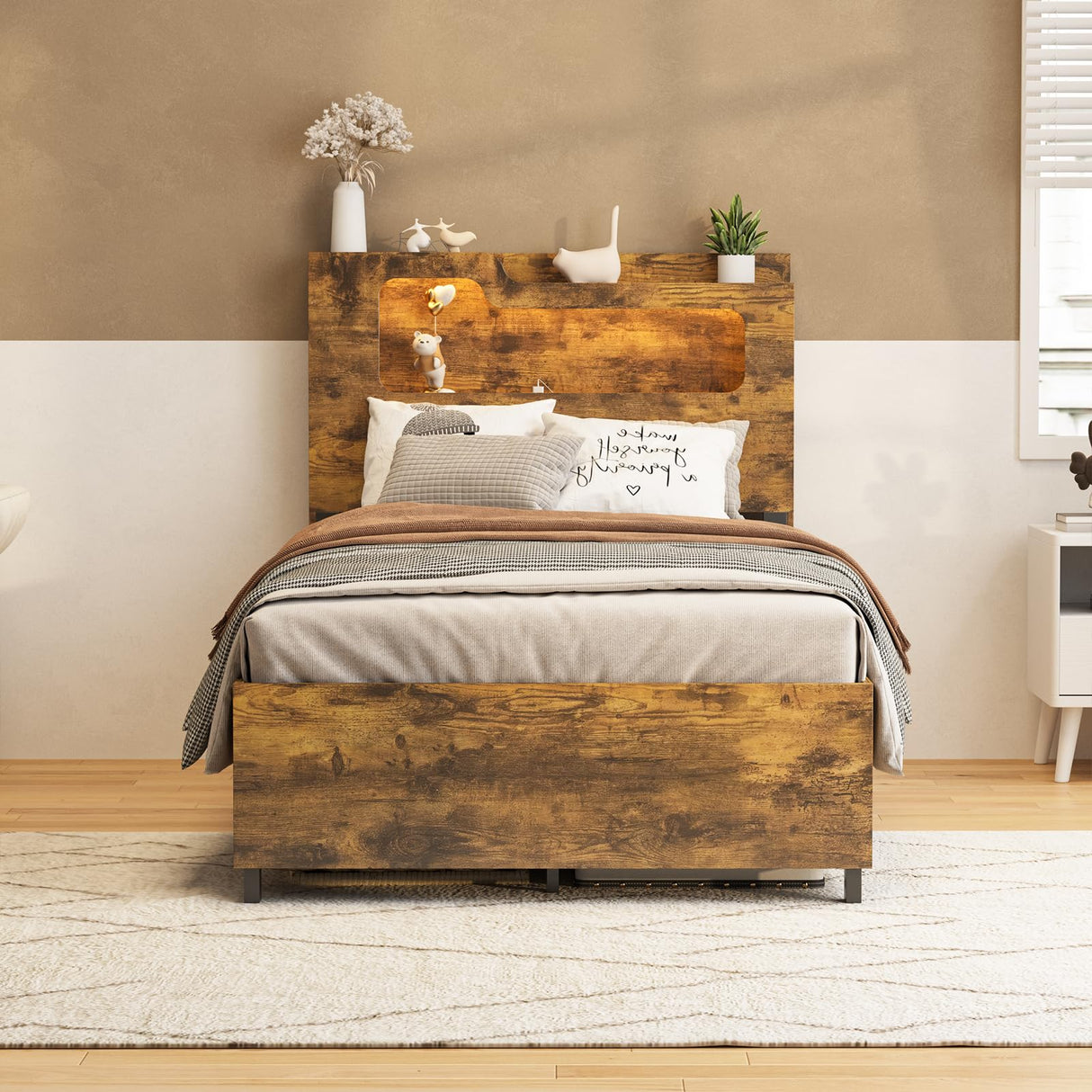 Fameill Twin Size Lift Up Storage Bed Frame, 2-Tier Headboard Wooden Platform Bed Frame with Lifting Storage & Charging Station, No Spring Box Needed/Noise Free Fameill