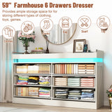 Hlivelood 59" Large Farmhouse 6 Drawers Dresser for Bedroom,Wide Wood Rustic 6 Chests of Drawers for Closet,with LED Light and Power Outlets,Tall Storage Dresser Organizer for Bedroom(White) Hlivelood