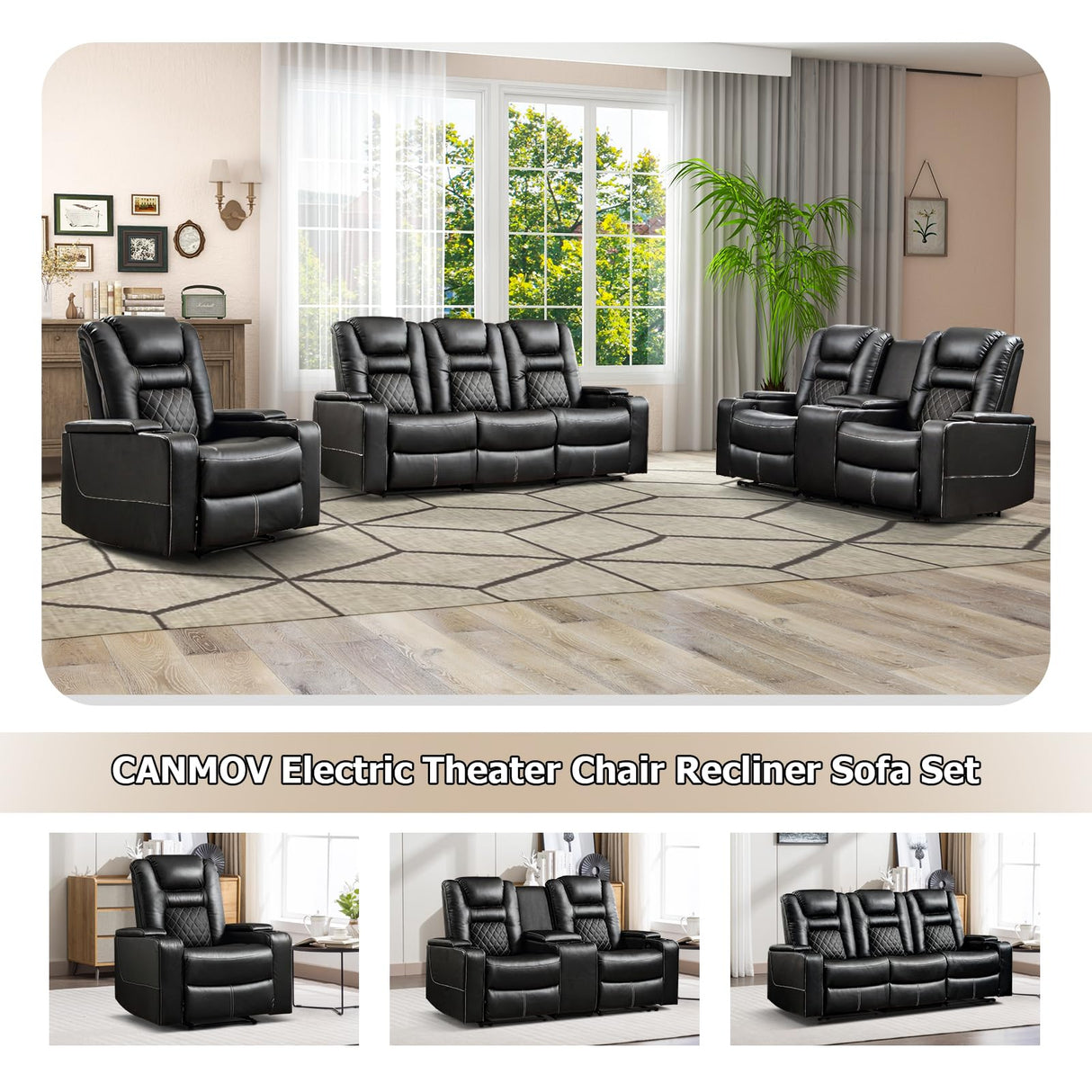 CANMOV Home Theater Seating Seats, Theater Recliner Chair Sofa, PU Leather 3 seat Power Recliner Sofa with Cup Holders, Hidden Arm Storage, USB Ports,Black CANMOV