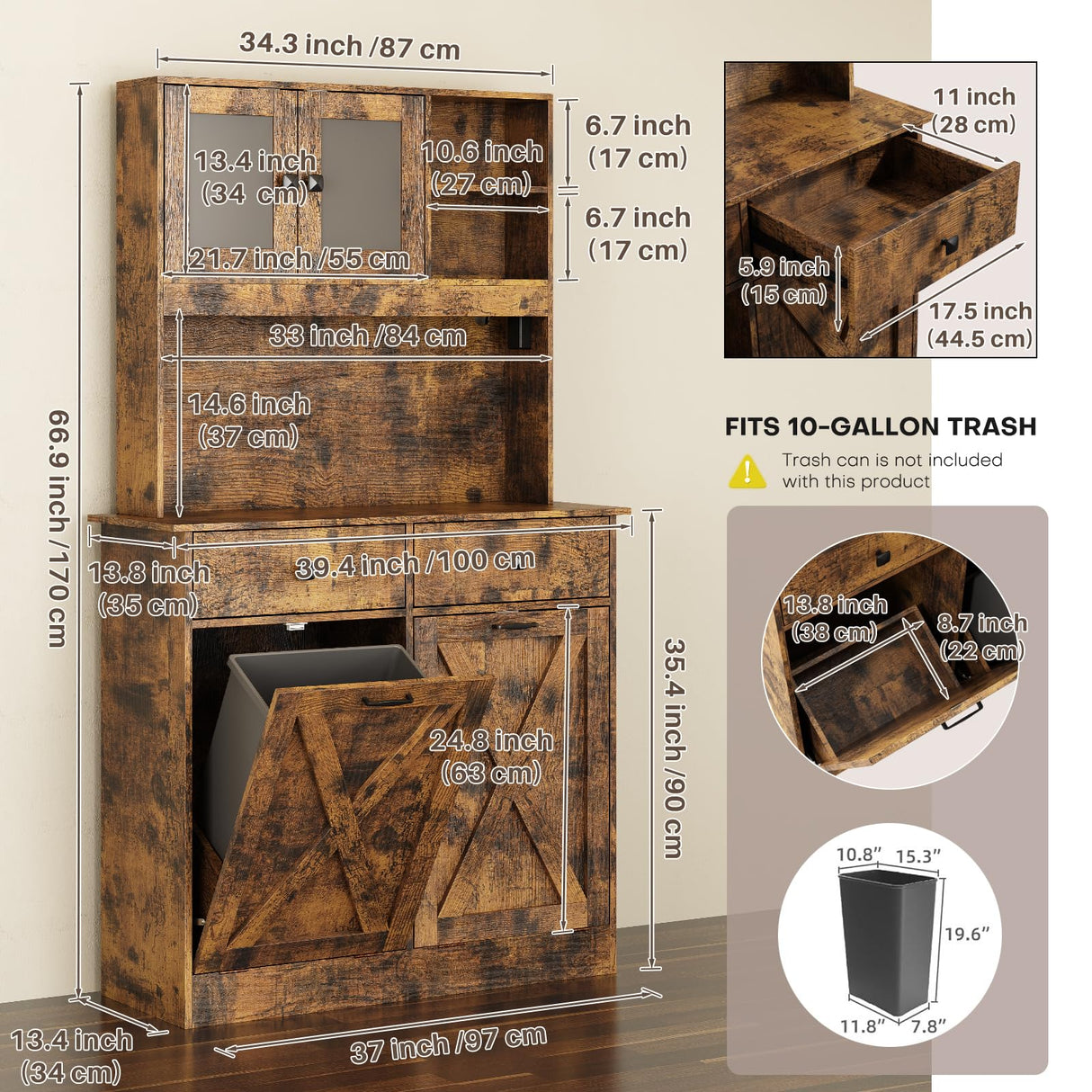 Redlife Double Tilt Out Trash Cabinet with Storage, 20 Gallon Double Tilt Out Laundry Hamper Cabinet, 67" Dual Hidden Garbage Cabinet Two Drawers, Kitchen Cabinet with Trash Can Storage (Rustic Brown) Redlifeᅟᅠ