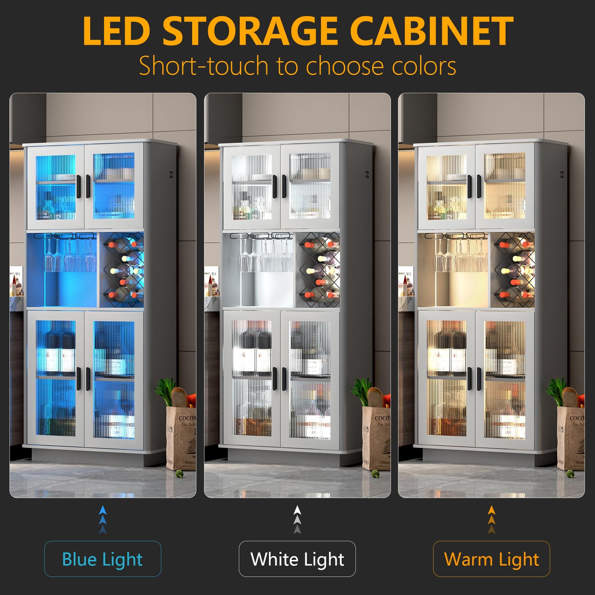 LVSOMT LED Wine Bar Cabinets with Removable Wine Rack, Bar Cabinets for Liquor with Light Motion Sensor, Kitchen Cabinet Storage for Dinning Room, Living Room (Dark Grey + Light Grey) - WoodArtSupply