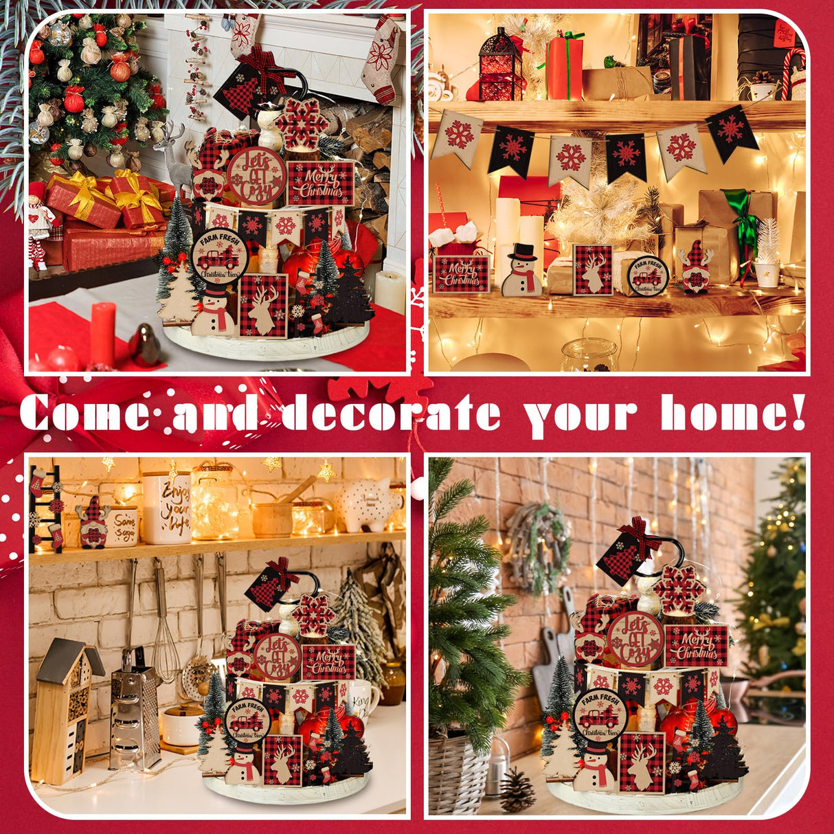 Funnymoom 17 Pcs Christmas Tiered Tray Decor Red and Black Buffalo Plaid Wood Signs Farmhouse Rustic Christmas Table Decorations Centerpieces Wooden Blocks for Xmas Winter Home Winter Party Decor Funnymoom