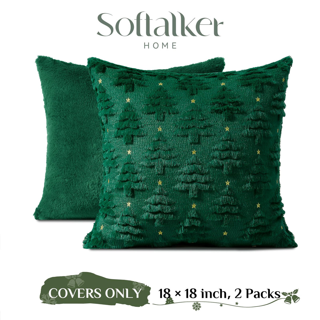 Softalker Christmas Throw Pillow Covers 18 x 18 Inch Set of 2, Xmas Winter Christmas Tree Faux Fur Cushion Covers, 3D Embroidered Pillow Cases for Couch Bedroom Living Room Decor, Green Softalker