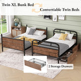 Twin Over XL Bunk Bed with LED Light USB Charging Station Detachable Metal Bunk Bed with 2 Storage Drawers Headboard Safety Guardrails Ladder Convertiable Twin Bed No Spring Box Needed Space Saving INTERHOMART