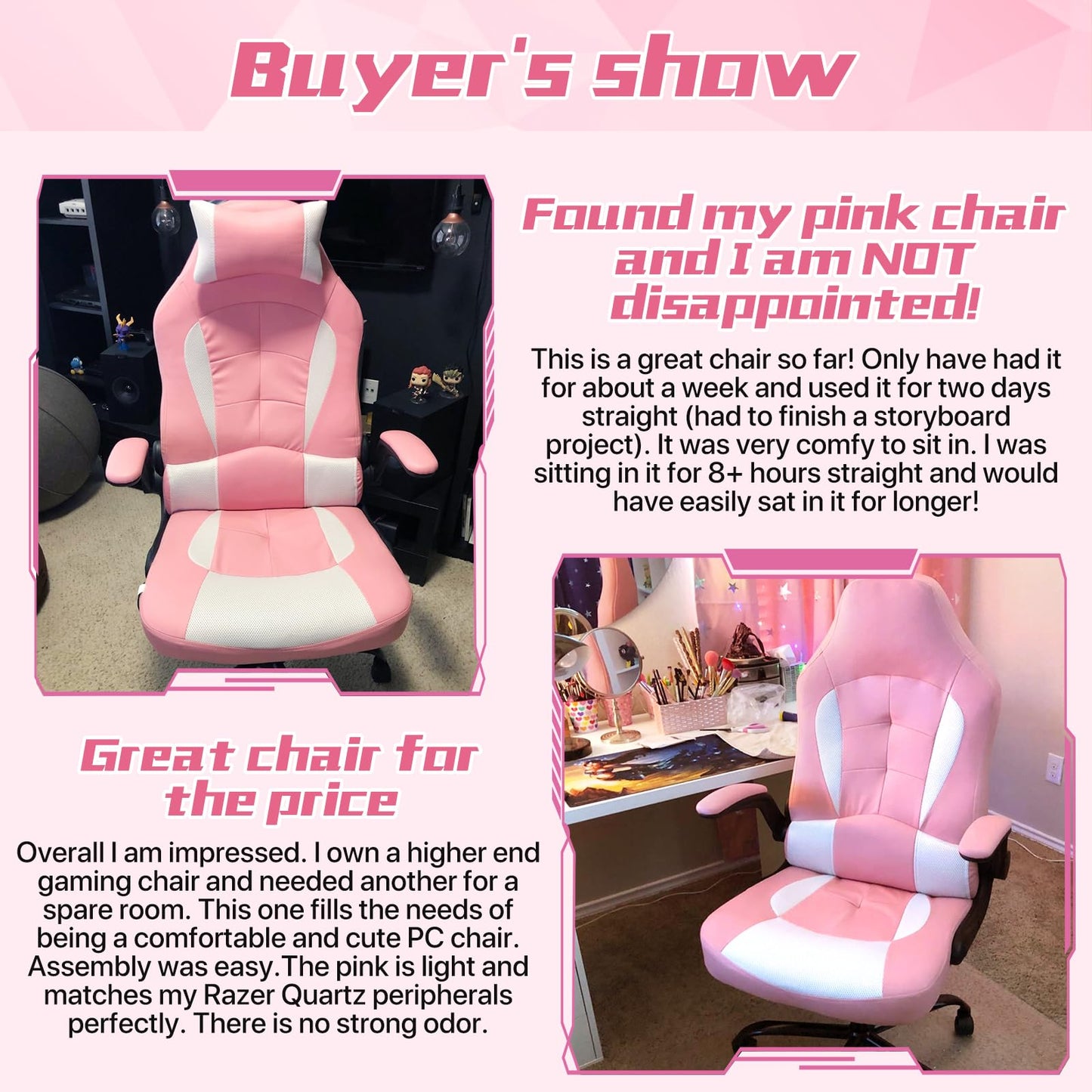 Gaming Chair for Adult, Kids Pink Office Desk Chair Ergonomic High Back Computer Chair with Lumbar Support Flip-up Arms Headrest PU Leather Swivel Task Chair for Girls