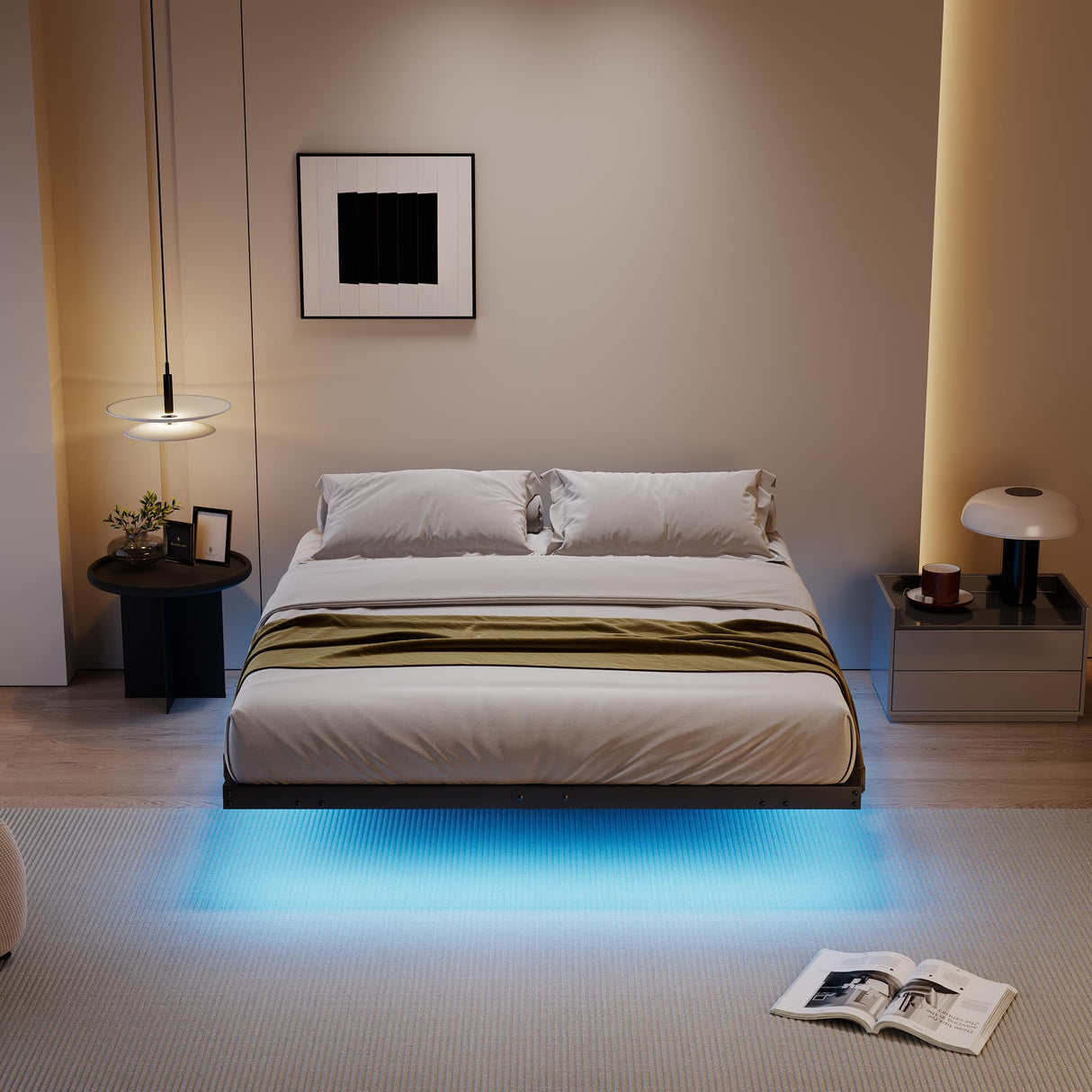 qimamo 14 Inch Floating Queen Bed Frame with Smart LED Lights and Charging Station, Modern Metal Queen Bed Frame, Easy to Assemble, No Box Spring Needed (Queen) qimamo